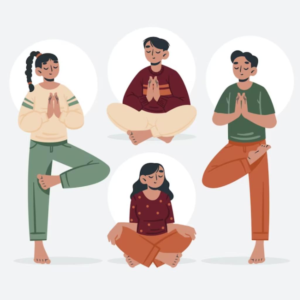 Illustration of four people sitting and standing in meditation postures
