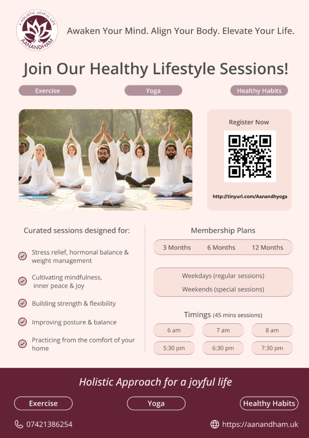 Poster for the Healthy Lifestyle Sessions: exercise, yoga and healthy habits, with membership plans and session times